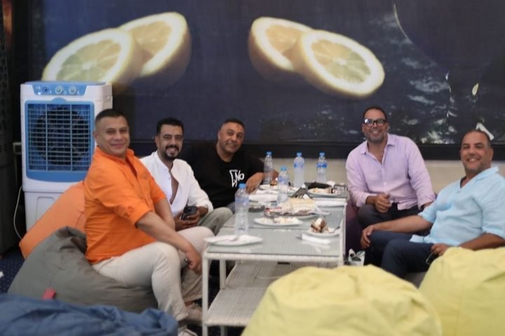 Friends on beanbags on the terrace